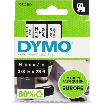 D1 40913 S0720680 DYMO Etiquetas Adhesivas Originales (9mm x 7M) Negro Blanco